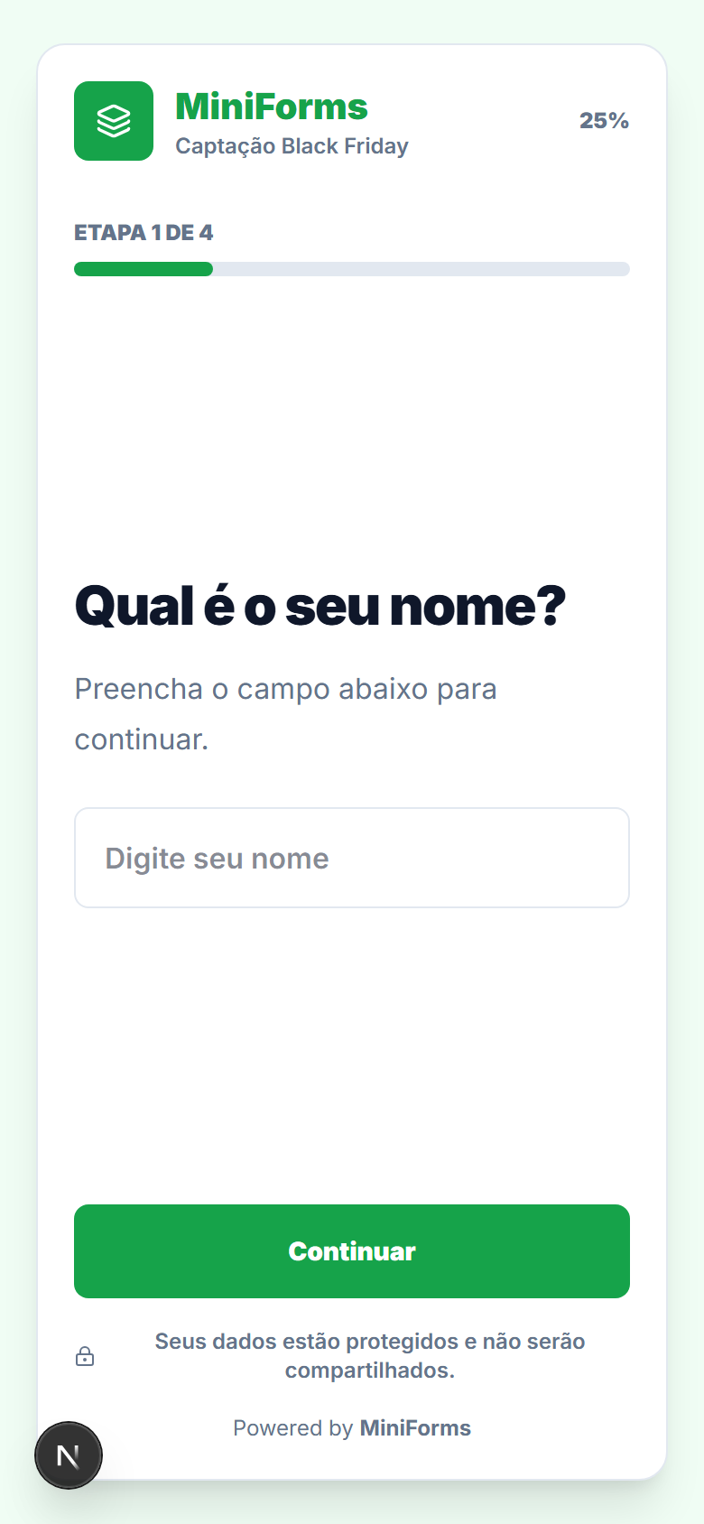 Link público mobile do MiniForms exibindo formulário em etapas